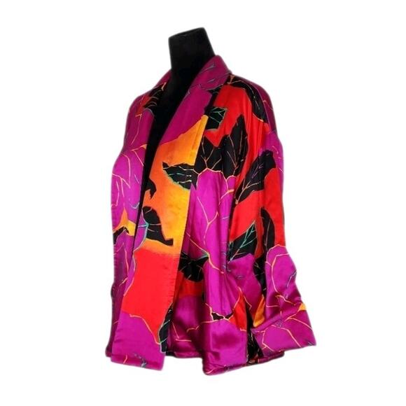 Della Roufogali Vtg Silk Oversized Open Front Floral Kimono Style Jacket Size 8 - Picture 2 of 6